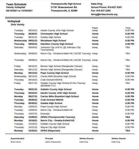 HS volleyball schedule