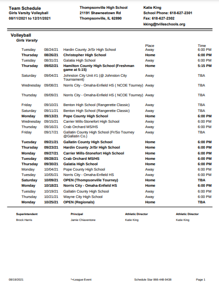 UPDATED HS VB schedule