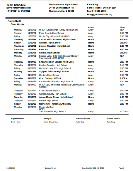 HS basketball schedule